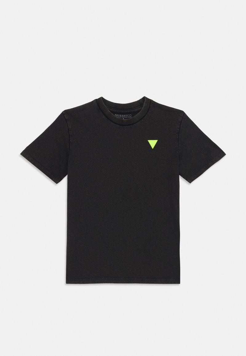 Black cotton t-shirt with a round neck, short sleeves, and a small neon green triangular logo on the chest. Clean and simple design.
