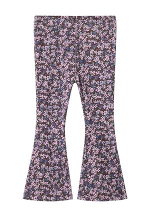 Pantalons évasés pour enfants avec un petit motif floral partout en rose, violet et bleu sur fond foncé.