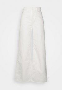 Jeans bianchi a gamba larga con vita alta, cerniera frontale e due tasche laterali. Realizzati in denim con una consistenza morbida. Nessun motivo visibile.