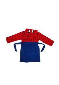 Red fleece robe with black spider web pattern, hood with spider face features, blue waist, and ties for securing. Soft texture.
