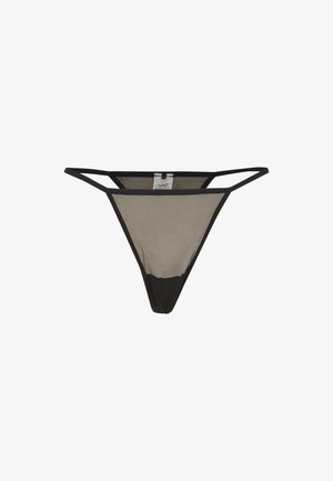 Schwarzer Mesh-String mit minimalistischem Design; verfügt über dünne Träger, eine halbtransparente Textur und einen festen schwarzen Bund an der Rückseite.