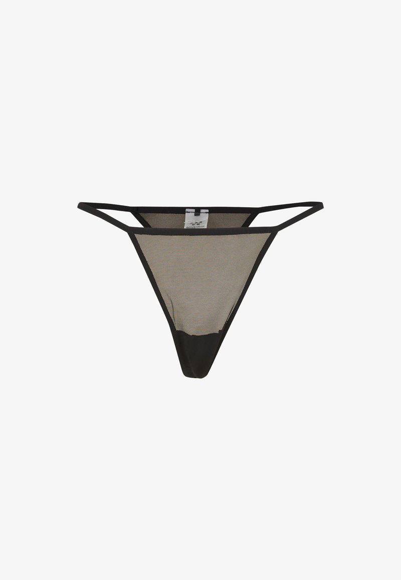 String en maille noire au design minimaliste ; doté de fines bretelles, d'une texture semi-transparente et d'une ceinture noire unie à l'arrière.