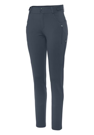 Pantaloni slim-fit blu scuro realizzati in tessuto elastico, dotati di due tasche frontali e una tasca laterale con zip, con una superficie liscia e opaca.