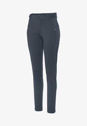 Pantaloni slim-fit blu scuro realizzati in tessuto elastico, dotati di due tasche frontali e una tasca laterale con zip, con una superficie liscia e opaca.