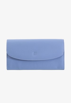 Light blue leather wallet with a smooth texture, featuring a flap closure and embossed brand logo on the front. Minimalist design, rectangular shape.