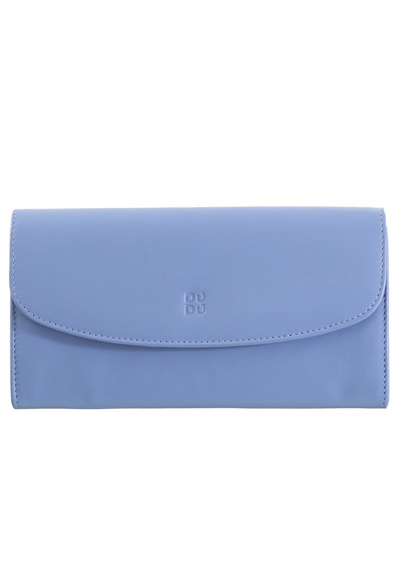 Light blue leather wallet with a smooth texture, featuring a flap closure and embossed brand logo on the front. Minimalist design, rectangular shape.