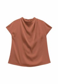 Rust-colored blouse with a draped design, short sleeves, and a high neckline. Smooth texture with a back zipper detail.