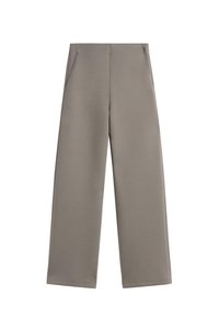 Pantaloni grigi a gamba larga realizzati in tessuto morbido, con vita alta, due tasche laterali e dettagli di cucitura puliti.
