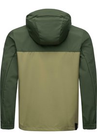 Men's jacket featuring a hood, made of smooth green and khaki fabric with elastic cuffs and a color-blocked design.