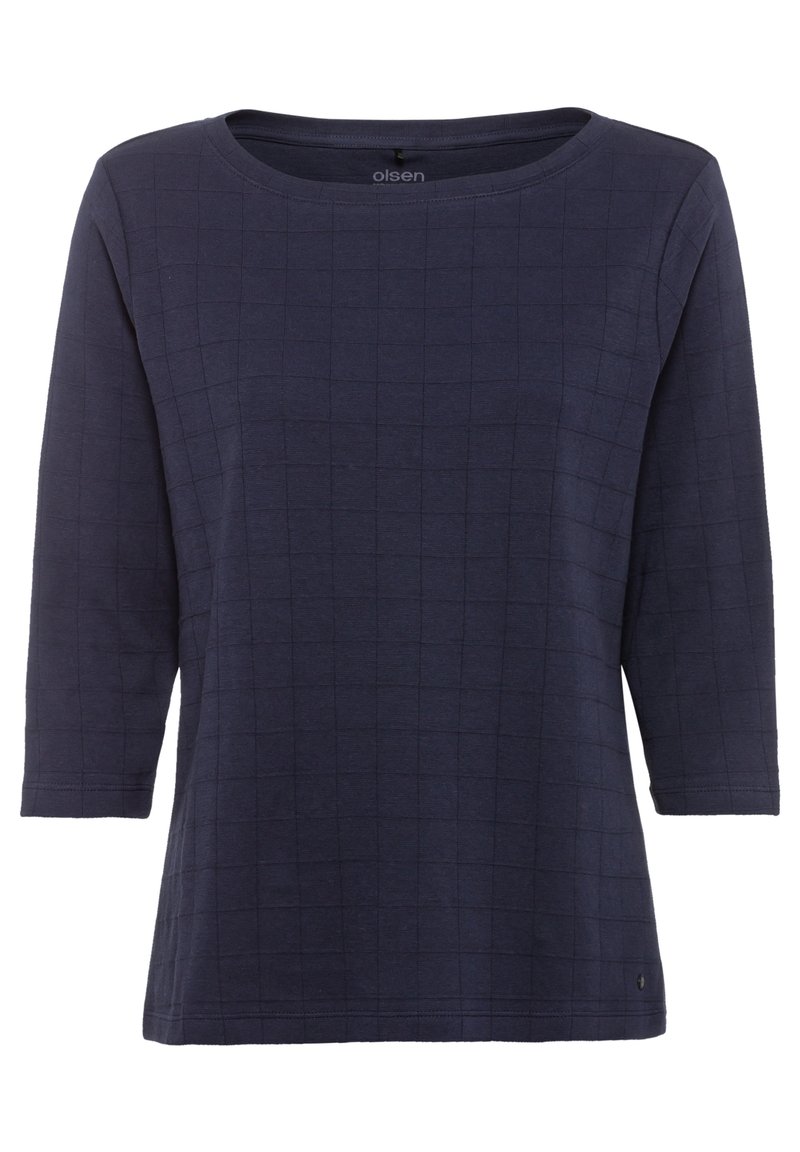 Navyblaues Langarmoberteil mit Karomuster, Rundhalsausschnitt und lockerer Passform. Hergestellt aus weichem Stoff mit strukturiertem Finish.