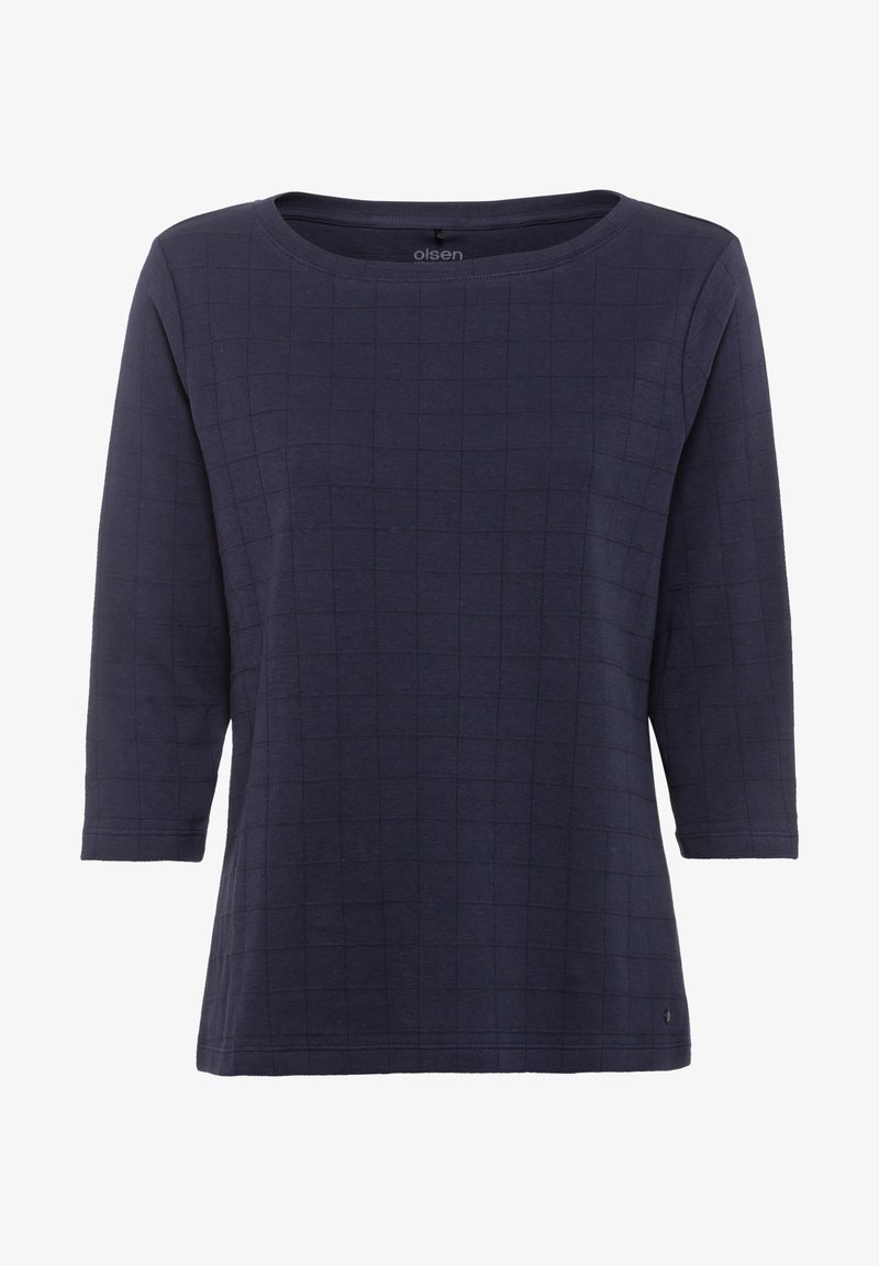 Navyblaues Langarmoberteil mit Karomuster, Rundhalsausschnitt und lockerer Passform. Hergestellt aus weichem Stoff mit strukturiertem Finish.