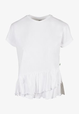 Bílé bavlněné tričko s krátkými rukávy, s nařaseným lemem podél spodní části. Na boku je malá zelená visačka.