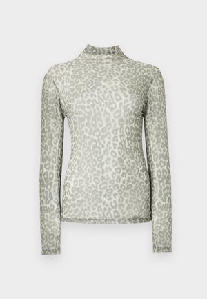 Τοπ με μακριά μανίκια από ανοιχτό πράσινο διχτυωτό ύφασμα με σχέδιο λεοπάρ και ψηλό λαιμό. Λεία υφή με εφαρμοστή σιλουέτα.