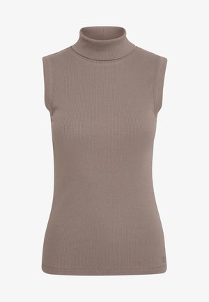 Top sin mangas de cuello alto en tono taupe claro, textura acanalada, diseño ajustado, con cuello alto y dobladillo acabado.