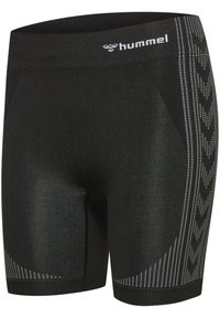 Schwarze nahtlose sportliche Shorts mit strukturierten Chevron-Mustern an den Seiten und weißem "hummel"-Logo am Bund.