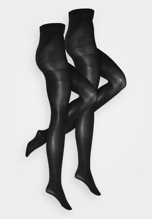 Black opaque tights with a smooth texture, sheer panel at the thigh, and a closed toe. Features a soft waistband for comfort.