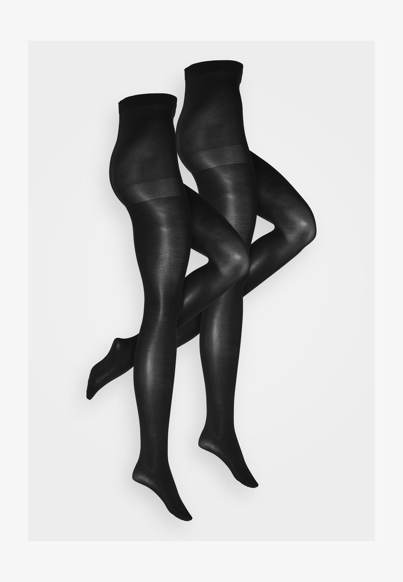 Collant neri opachi con una texture liscia, pannello trasparente sulla coscia e punta chiusa. Presentano una fascia morbida in vita per garantire comfort.