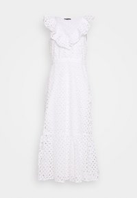 Robe midi blanche sans manches en tissu brodé ajouré, col en V volanté, taille cintrée et ourlet évasé.