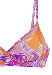 Daugiaspalvė bikini viršutinė dalis su gėlių raštu, daugiausia rožinės, oranžinės ir violetinės spalvų. Keturios reguliuojamos petnešos ir be siūlių dizainas.