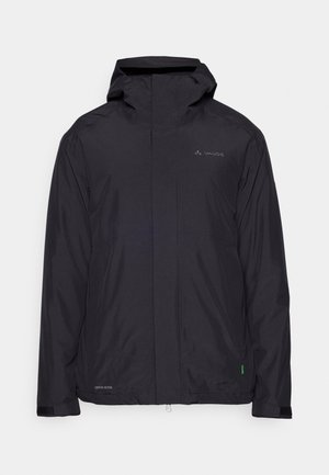 Schwarze wasserdichte Jacke mit Kapuze, Reißverschluss vorne und elastischen Bündchen. Enthält einen grünen Akzent am Saum und ein Logo auf der Brust.