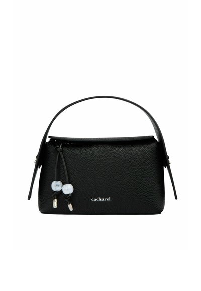 Borsa a tracolla in pelle nera con finitura texture, dotata di manico superiore, due perle decorative e un logo argentato sul fronte.