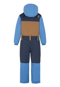 Winter sneeuwpak in blauw en bruin met een capuchon, met een kleurgebloekt ontwerp, elastische taille en verstevigde knieën. Geschikt voor koude weersomstandigheden.