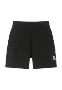 Pantaloni cargo neri con elastico in vita, tasche laterali e dettaglio del logo bianco. Realizzati in un tessuto morbido e leggero.