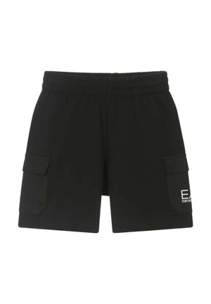 Pantaloni cargo neri con elastico in vita, tasche laterali e dettaglio del logo bianco. Realizzati in un tessuto morbido e leggero.