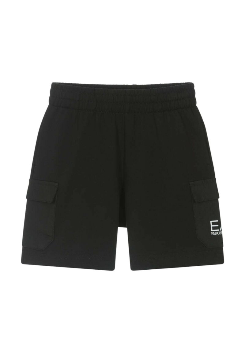 Pantaloni cargo neri con elastico in vita, tasche laterali e dettaglio del logo bianco. Realizzati in un tessuto morbido e leggero.