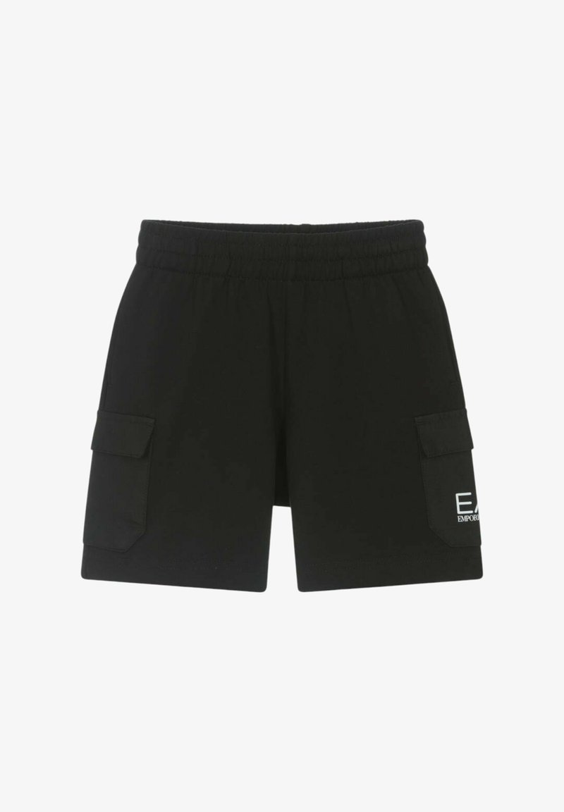 Pantaloni cargo neri con elastico in vita, tasche laterali e dettaglio del logo bianco. Realizzati in un tessuto morbido e leggero.