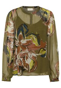 Blusa verde oliva trasparente con un motivo floreale in rosa, blu e giallo. Maniche lunghe con polsini elasticizzati e scollatura tonda con un bottone.