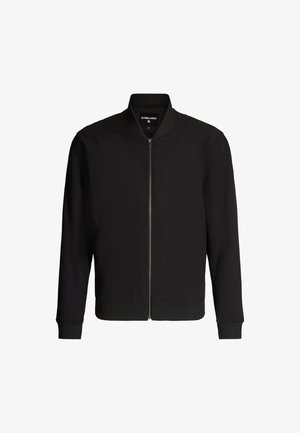 Schwarze Bomberjacke aus strukturiertem Stoff, mit geripptem Kragen und Bündchen, Vorderzipper und subtilen Details. Klassisches, minimalistisches Design.