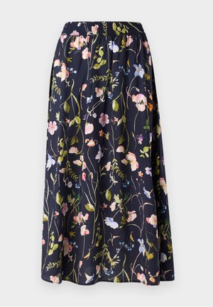 Jupe fleurie marine avec une taille élastique, ornée d'un imprimé de fleurs roses, bleues et vertes sur un tissu texturé.