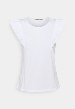 Blouse blanche sans manches avec détails froncés aux épaules et encolure ronde, présentée sur un fond neutre.