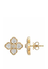 Gold flower-shaped earrings featuring glossy white petals and a central rhinestone embellishment; secure post-back closure.