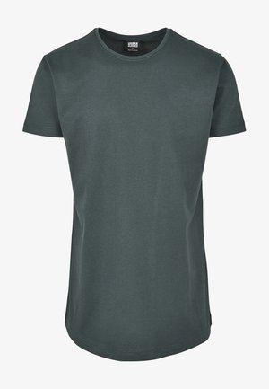 Dunkelgraues Baumwoll-T-Shirt mit rundem Halsausschnitt und kurzen Ärmeln. Verfügt über einen geraden Saum und minimale Nähdetails.