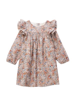 Robe à manches longues fleurie avec des fleurs orange et violettes, poitrine smockée et détails volantés sur les épaules.