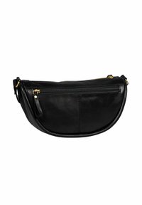 Borsa a tracolla nera in pelle a forma di mezzaluna, con tasche con zip anteriori e superiori e hardware in metallo dorato.