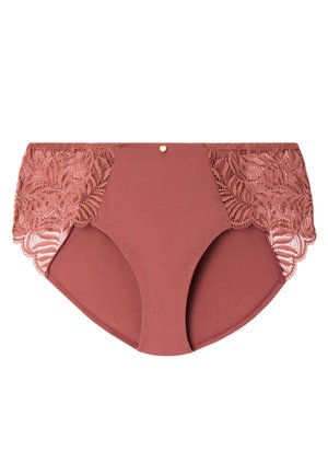 Culotte mélange de dentelle bordeaux et de coton avec des détails en dentelle florale à la taille et des accents en or. Texture lisse et design à couverture complète.