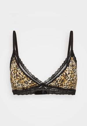 Bralette triangle en tissu imprimé léopard, avec une finition en dentelle noire et des bretelles réglables. Détail de nœud décoratif sur le devant central.