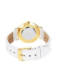Goldfarbene Uhr mit runder Gehäuse, weißem Lederarmband und Metallverschluss. Im Inneren befindet sich ein silberner Gehäuseboden mit eingravierten Details.