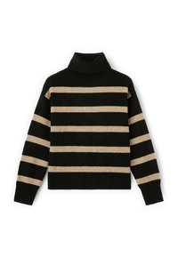 Černý a béžový pruhovaný rolák s volným střihem, má žebrované manžety a lem. Měkká textura a vysoký design límce.