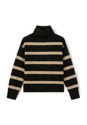 Maglione dolcevita a righe nero e beige con vestibilità ampia, dotato di polsini e orlo a costine. Texture morbida e design con colletto alto.