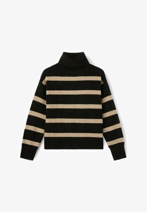 Maglione dolcevita a righe nero e beige con vestibilità ampia, dotato di polsini e orlo a costine. Texture morbida e design con colletto alto.