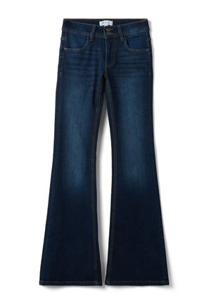 Dunkelblaue Denim-Jeans mit ausgestellten Hosenbeinen, zwei Vordertaschen und Doppelknopfverschluss an der Taille.