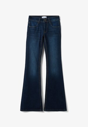 Dunkelblaue Denim-Jeans mit ausgestellten Hosenbeinen, zwei Vordertaschen und Doppelknopfverschluss an der Taille.