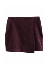 Bordeaux wikkelrok van zacht materiaal, met een asymmetrisch ontwerp en nette randen, geschikt voor casual draag.