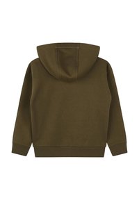 Felpa con cappuccio verde oliva, dal tocco morbido, con polsini e orlo a costine. Presenta una tasca a marsupio e un design dalla vestibilità rilassata.