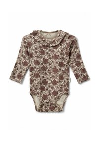 Hosszú ujjú baba body krém színben, barna virágmintával, fodros gallérral és patentos záródással az egyszerű öltözködés érdekében.