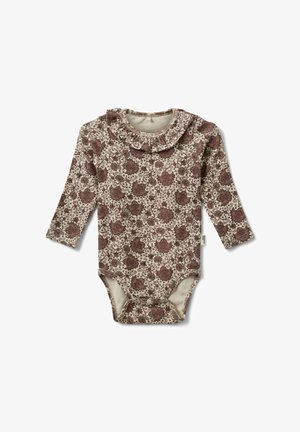 Langærmet baby bodysuit i creme med brune blomsterprint, flæsekant ved kraven og trykknaplukning i bunden for nem påklædning.